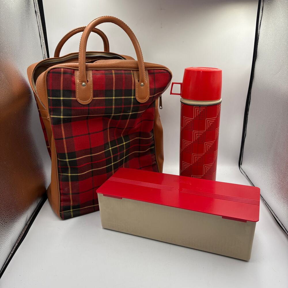 Vintage Thermos Lunch Set Red Plaid Bag Icy-Hot Bottle Food Box Retro